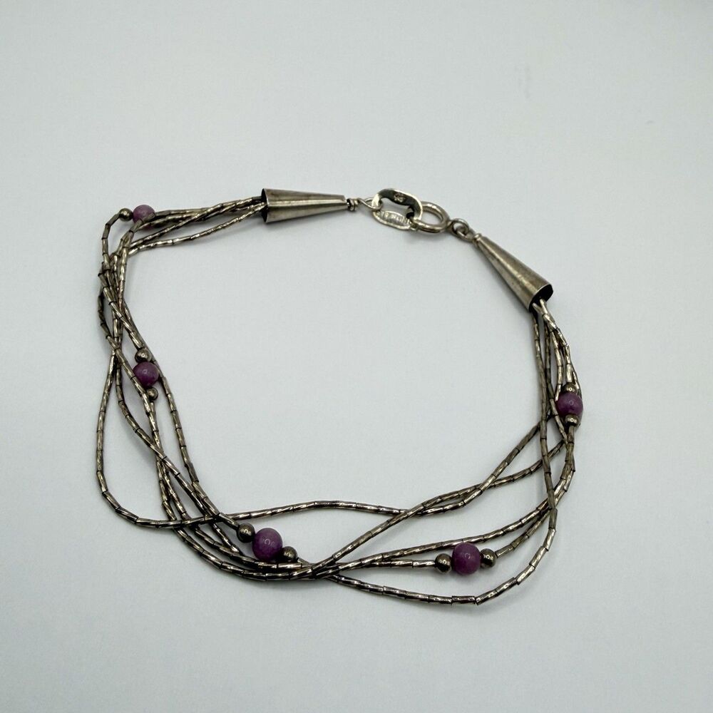 Signed 925 Sterling Silver Multi Strand Purple Bead Bracelet 7" 3.2g BRACELET